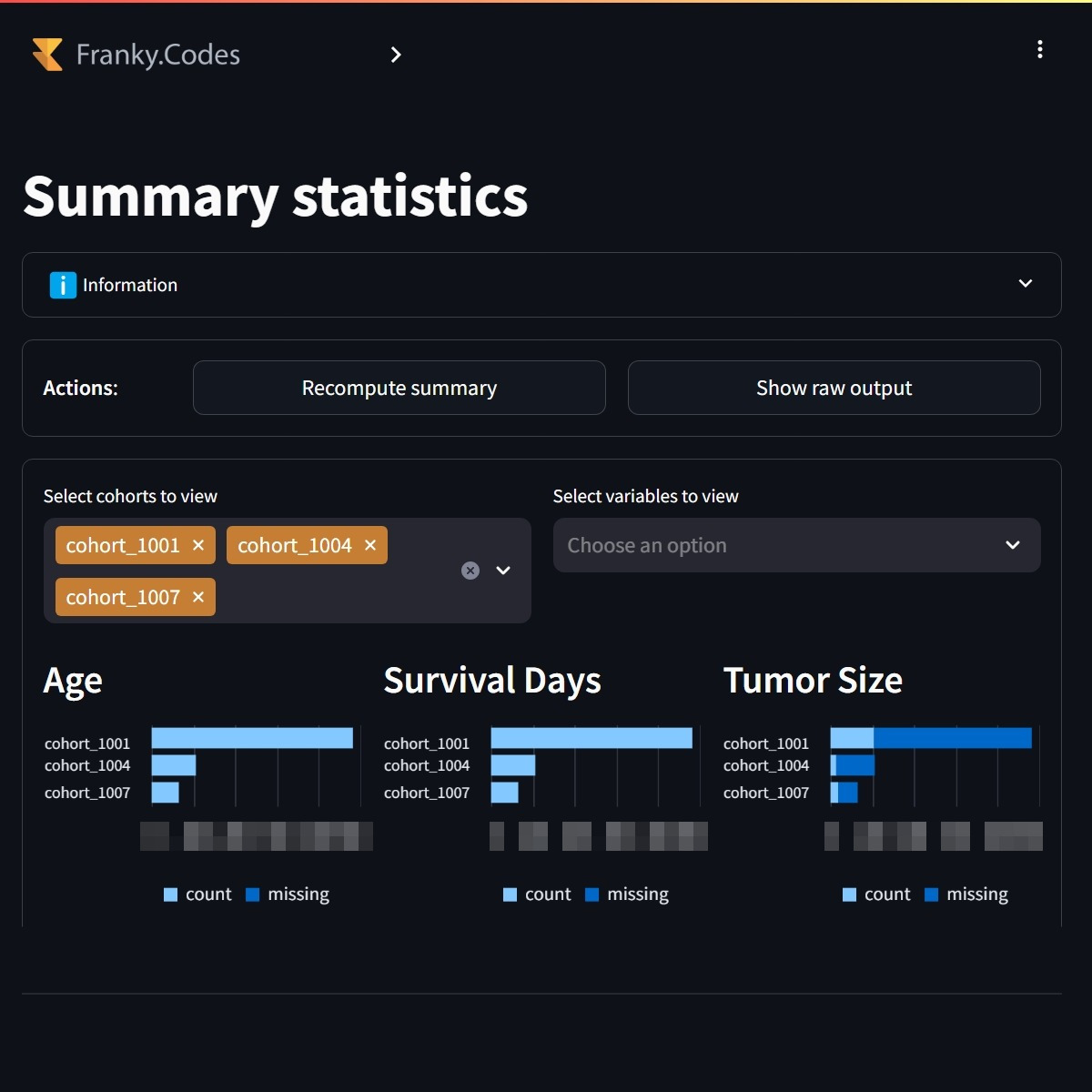 users can view the summary statistics of all selected cohorts